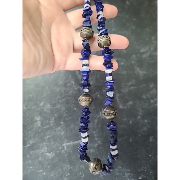 925 Sterling Silver Lapis Lazuli, Moonstone, and Silver Beaded Necklace Vintage - Picture 2 of 10